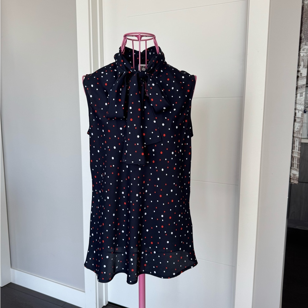 Anne Klein Navy Blouse with Red and White Dots